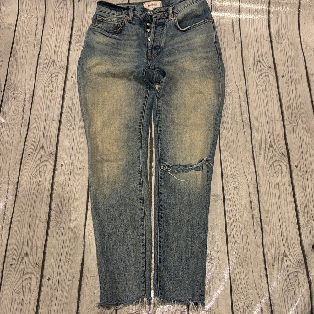We the Free straight leg raw hem button fly distressed denim jean size 26 flawed